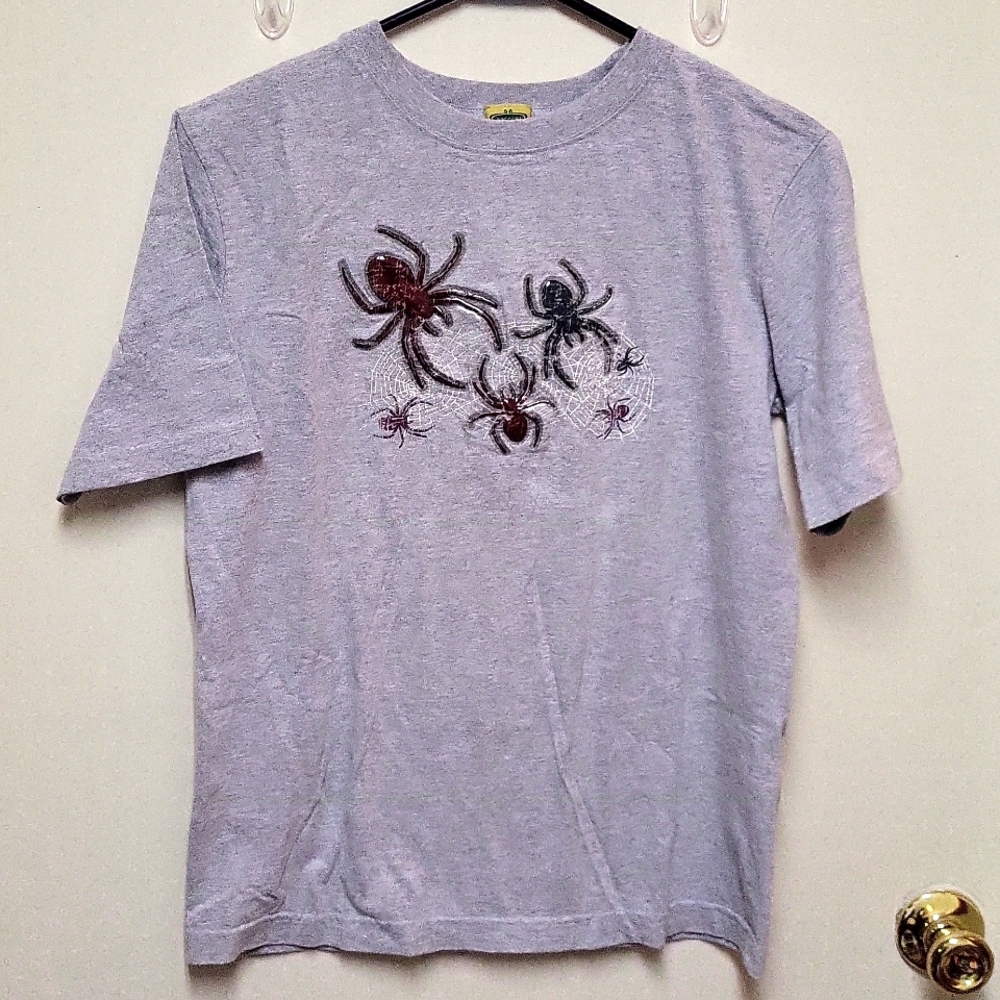 Vintage Y2K Prepare to Scare Gray Crewneck T-shirt with Puffy Spiders and Webs